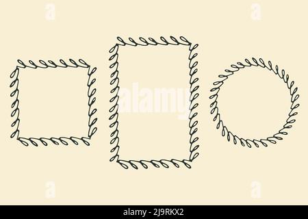 Rahmenkontursatz festgelegt. Handgezeichnete dekorative schwarz-graue Tusche Strichränder, Zickzack gekritzelte Pinsellinie, Kreis, Quadrat, Rechteck geometrischen Formen Stock Vektor