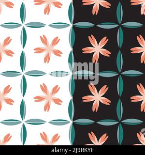 Nahtloses Muster mit Blumenmotiv. Geometrisches Kontrollgitter, Gänseblümchen, Blätter der Pflanzen. Abstrakter, moderner Mode-Stil. Farbpalette in Grün-Rosa. Weiß oder Stock Vektor