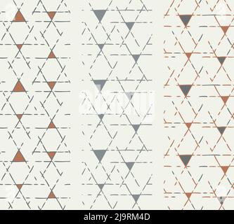 Kollektion mit nahtlosen Mustern, die von Hand genäht werden können. Handgezeichneter Tintenpinsel Strich Linienraster, Dreiecksformen, Erdfarben Farben. Weiß, leicht bearbeitbar Stock Vektor