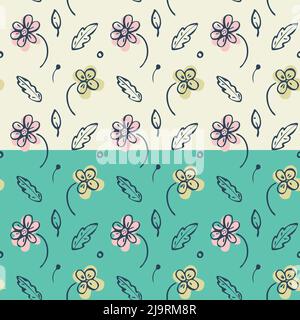 Folkloristisches, nahtloses Muster mit Blumenmuster Handgezeichneter Doodle einfache grafische Blume, Blätter. Niedliches Babyzimmer-Design. Weiß oder Blau leicht bearbeitbare Farbe Stock Vektor