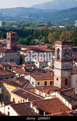 Italien, Toskana, Lucca. Die Dächer des historischen Zentrums von Lucca. Stockfoto