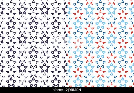 Stars nahtlose Muster Kollektion. Schwarze Tusche Doodle Silhouetten, handgezeichneter Hintergrund in blau marine, rote vertikale Raws. Weiße, leicht bearbeitbare Farbe Stock Vektor
