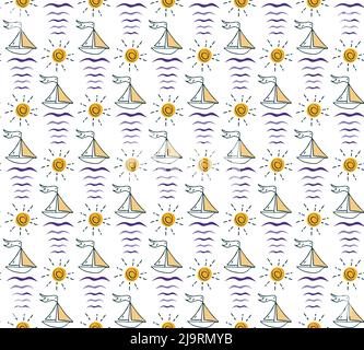 Seekritzel nahtlose Muster, Boot, Welle, Sonne isoliert Elemente. Hand gezeichnet Cartoon Stil Design Illustration, Kinder Symbole. Blau lila, orange Stock Vektor