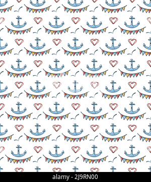 Festliches Nahtloses Muster mit Doodle. Hand gezeichnet Cartoon Stil Design Illustration, marine Leben Objekte, Symbole. Farbpalette: Blau, gelb, rot. Weiß Stock Vektor