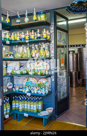 Italien, Kampanien, Ravello. Limoncello Fabrik und Schaufenster mit Flaschen und anderen Artikeln zum Verkauf in der Küstenstadt Ravello. Stockfoto