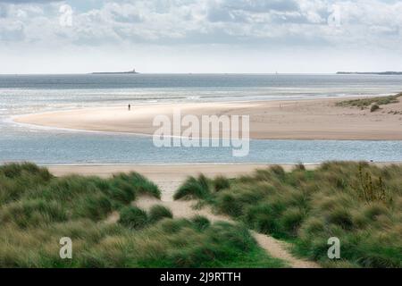 Mann allein, Blick auf eine entfernte männliche Figur, die allein an einem abgelegenen Strand steht. Stockfoto