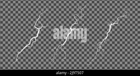 Risse auf Beton oder Boden aufgrund von Alterung oder Dürre. Ein Satz von Spalten, die auf transparentem Hintergrund isoliert sind. Monochrome Vektorgrafik Stock Vektor