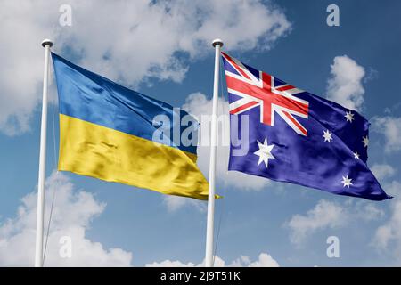 Ukraine und Australien zwei Flaggen auf Fahnenmasten und blau bewölkt Himmel Hintergrund Stockfoto