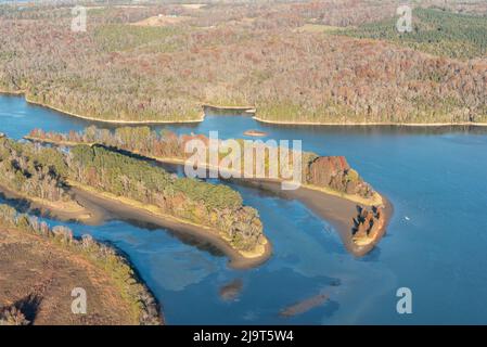 USA, Tennessee. Tennessee Valley Authority, Tennessee River Winter drawdown weiße Pelikane, Sandhill Kraniche Winter Migranten Fütterung Stockfoto