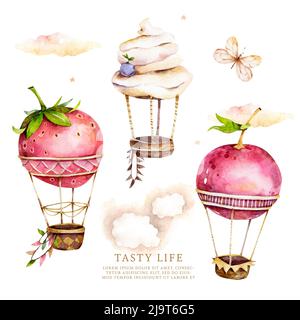 Luftballons Aquarell. Dessert mit Beeren. Erdbeere, Kirsche, Creme. Aircakes mit Sommerbeeren. Leckeres Urlaubsessen. Süßer Traum Stockfoto