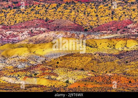 Bemalte Wüste Bunte abstrakt Gelbe Grasland Orange Sandstein Red Fiery Furnace, Arches National Park, Moab, Utah, USA. Stockfoto