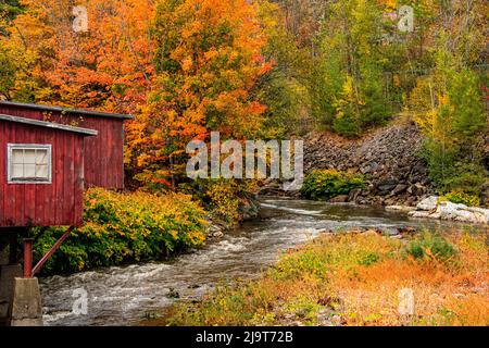 USA, Vermont, Stowe, rote Mühle am Little River, die südlich von Stowe zum Winooski River fließt, Herbstlaub Stockfoto