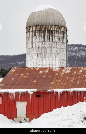 USA, Vermont, Cambridge, Valley Dream Farm an der Ecke Irish Settlement Road und Lower Pleasant Valley Road, rote Scheune, Silo Stockfoto