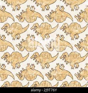 Braunes, handgezeichnetes Spinosaurus-Dinosaurier-Nahtloses Muster. Gender Neutral Jurassic fossile Silhouette für Baby-Nursery. Home Dekor für Museum, Aussterben Stockfoto