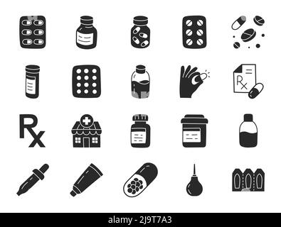 Apotheke Doodle Illustration mit flachen Symbolen - Pillen Flasche, Tabletten Blister, Kapseln, Vitamin, Hustensirup, Verhütungsmittel und Nahrungsergänzungsmittel Stock Vektor