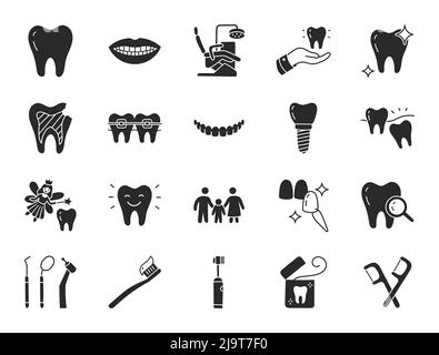 Zahnklinik Doodle Illustration einschließlich flache Symbole - Weisheitszahn, Furnier, Zahnaufhellung, Zahnspangen, Implantat, Zahnbürste, Karies, Zahnseide, Mund Stock Vektor