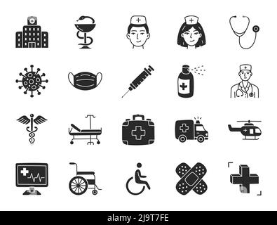 Doodle-Illustration eines medizinischen Krankenhauses mit flachen Symbolen - Arzt, Krankenschwester, Rollstuhl, Caduceus, Spray, Spritze, Schüssel hygeia, Apotheke. Glyphe Stock Vektor