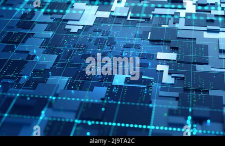 Gekachelte Cyber-Struktur. Nanotechnologien in Prozessoren und Computerschaltungen. 3D Illustration von digitalen Streams in einem futuristischen Motherboard Stockfoto