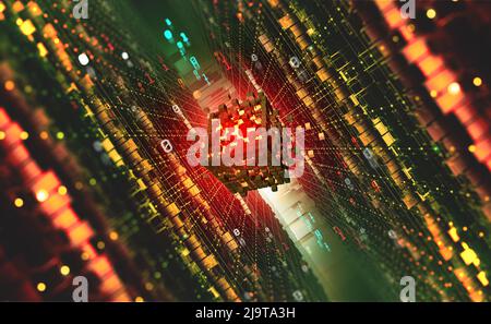 Künstliche Intelligenz. Computerdenken. Quantum Processor Abstract Concept 3D Illustration. Digital Brain und Zukunftstechnologien Stockfoto
