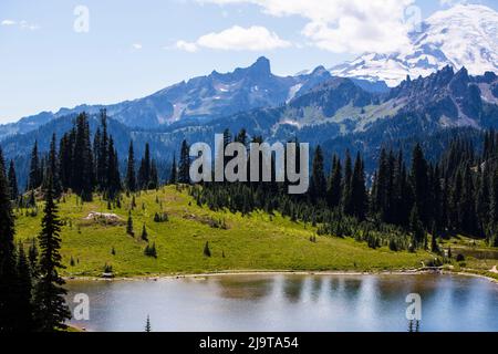 Chinook Pass, Staat Washington, USA. Mount Rainier, Tipsoo Lake Stockfoto