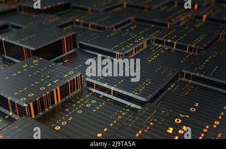 Big-Data-Analyse und -Speicherung. Digitaler Code, Informationsfluss. Datenverschlüsselung, Blockchain 3D-Netzwerkdarstellung Stockfoto