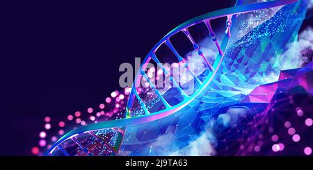 DNA-Helix 3D-Abbildung. Mutationen unter dem Mikroskop. Entschlüsselung des Genoms. Virtuelle Modellierung chemischer Prozesse. Hightech in der Medizin Stockfoto