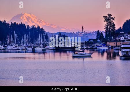 Gig Harbor, Staat Washington, USA. Sonnenuntergang auf dem Mount Rainier, während ein Segelboot in einem Yachthafen vorbei gleitet. Stockfoto