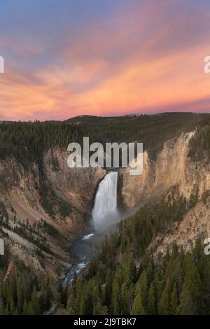 Sonnenaufgang über den Lower Falls des Yellowstone River vom Lookout Point, Yellowstone National Park aus gesehen. Stockfoto