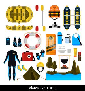 Rafting Icon Set. Vektor-Illustration von Wildwasser-Rafting Sportausrüstung, Schutzausrüstung und Camping-Artikel isoliert auf weißem Hintergrund. Stock Vektor
