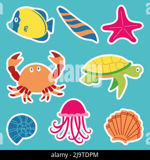 Unterwasserwelt Cartoon-Vektor mit tropischen Fischen, Seesternen, Muscheln, Krabben gesetzt. Stock Vektor