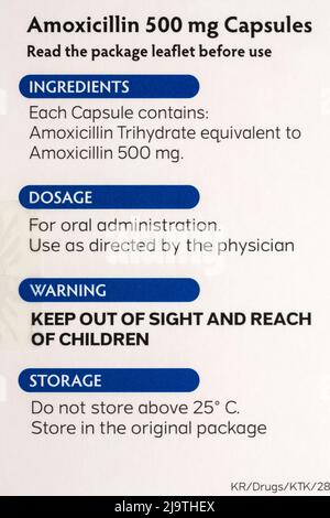 Detail auf der Rückseite der Amoxicillin-Kapseln Noumed Antibiotika zur Behandlung einer Reihe von bakteriellen Infektionen - Antibiotika-Kapseln, Antibiotika-Pillen Stockfoto