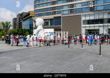 Bewohner der Stadt Hongqiao in Shanghai müssen strenge Protokolle bestehen, bevor sie im Supermarkt einkaufen dürfen. Stockfoto