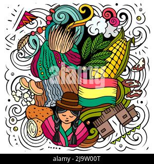Bolivien handgezeichnete Cartoon-Kritzeleien Illustration. Stock Vektor