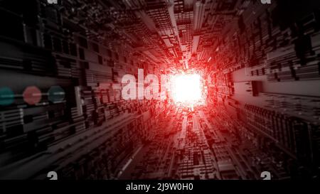 3D Technologie Tunnel abstrakter Hintergrund. Schwarzer digitaler futuristischer Ort mit Neonlichtern im Raum. Wissenschaft, Zukunft, Cyber-Konzept. Hochwertige 3D-Illustration Stockfoto