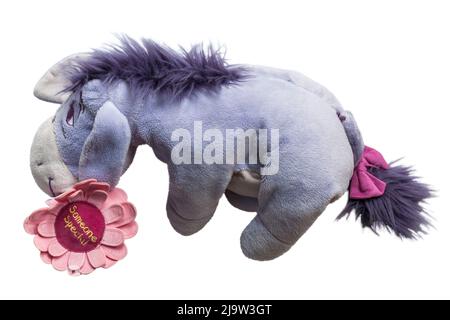 Eeyore weiches Kuscheltier von Winnie the Pooh mit einer speziellen Blume auf weißem Hintergrund Stockfoto