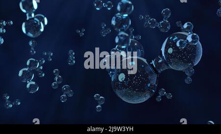 Blaues transparentes Molekülmodell über blauem 3D Render Stockfoto