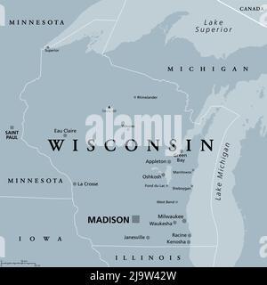 Wisconsin, WI, graue politische Karte, mit der Hauptstadt Madison und der Metropolregion Milwaukee. Staat im oberen Mittleren Westen der Vereinigten Staaten. Stockfoto