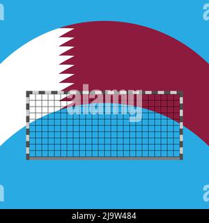 Monochromes Fußballtor auf gekrümmtem Hintergrund der Qatar-Flagge. Vorderansicht des Fußballtals. Vorlage für Sport, Wettkampf, Meisterschaft und Fußball. Sport l Stock Vektor