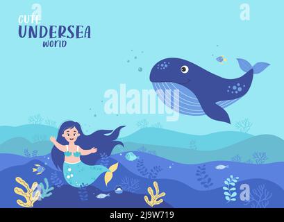 Niedliche kleine Meerjungfrau mit großem Blauwal.Tropisches Poster mit Unterwasserwelt Landschaft, Meerestieren und Pflanzen. Vektorgrafik Meeresboden für des Stock Vektor