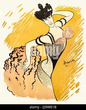 Eine Illustration von Louise Balthy im Folies-Bergères 1902, von Leonetto Cappiello. (1875-1942). Als Kammerjungfrau, die zur Demi-mondaine wurde, ging sie 1891 erstmals auf die Bühne des Theatre des Menus-Plaisirs und wurde schnell Rezensentin unter anderem im Folies-Bergère und im Olympia. Stockfoto