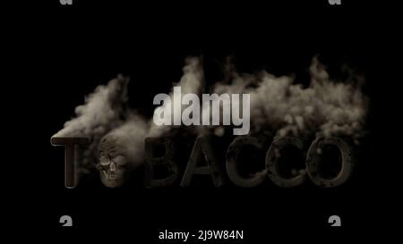 Text Tabak mit Schädelrauchen auf schwarzem Hintergrund, isoliert - abstrakte Abbildung 3D Stockfoto