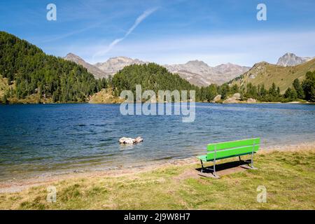 Lake Cavloc (Lägh da Cavloc) im September. Es ist ein See in der Nähe des Maloja Passes im Val Forno (Grisons, Schweiz) und eine Stunde zu Fuß von Maloja entfernt. Stockfoto