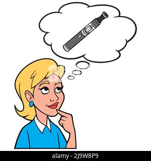 Girl Thinking about a Vaping Pen - Eine Cartoon-Illustration eines Mädchens, das über einen Vaping Pen zum Rauchen nachdenkt. Stock Vektor