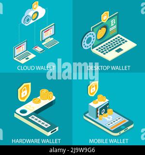 Kryptowährung Wallet Vektor isometrisches Icon Set Stock Vektor