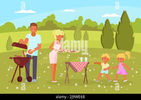 Familie bbq Vektor flach Stil Design Illustration Stock Vektor
