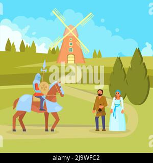 Mittelalterliche Szene Ritter Bauern Vektor-Illustration Stock Vektor