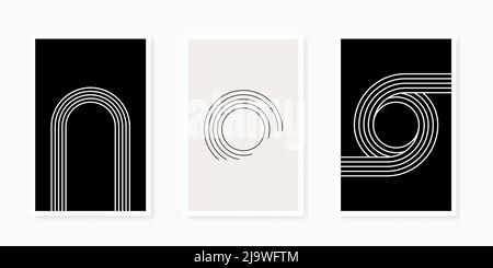 Abstrakte geometrische Formen Posterkollektion. Line Art. Minimalistische Wanddekoration, Druck oder Postkarte. Nordischer Stil. Beige und Schwarz. Vektorgrafik Stock Vektor