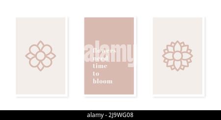 Inspirierende geometrische Formen Posterkollektion. Strichkunst. Blumen-Ikonen. Minimalistische Wanddekoration, Druck oder Postkarte. Zitat: „Blumen brauchen Zeit t Stock Vektor