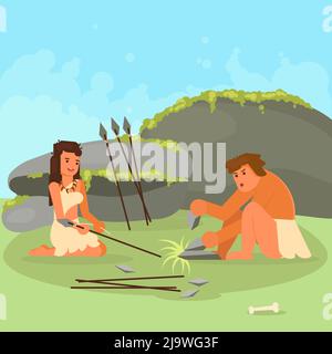 Steinzeitpaar Herstellung Speere Vektor-Illustration Stock Vektor