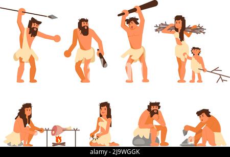 Primitive Steinzeit Menschen Vektor flache Icon-Set Stock Vektor